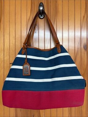 Lauren Ralph Lauren Harboard Navy White Red Striped Canvas Expand Zip-Sides Tote